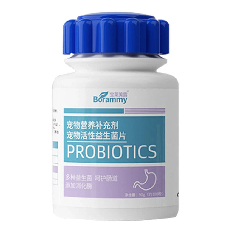 Bottle containing 180 chewable probiotic tablets for pet digestive health, each tablet measuring 1.5cm