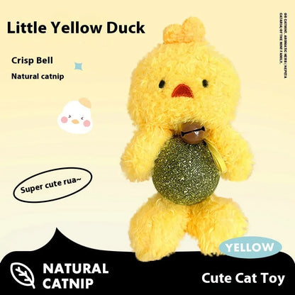 Brown bear plush cat toy with a white catnip ball, shown next to a green frog version.
