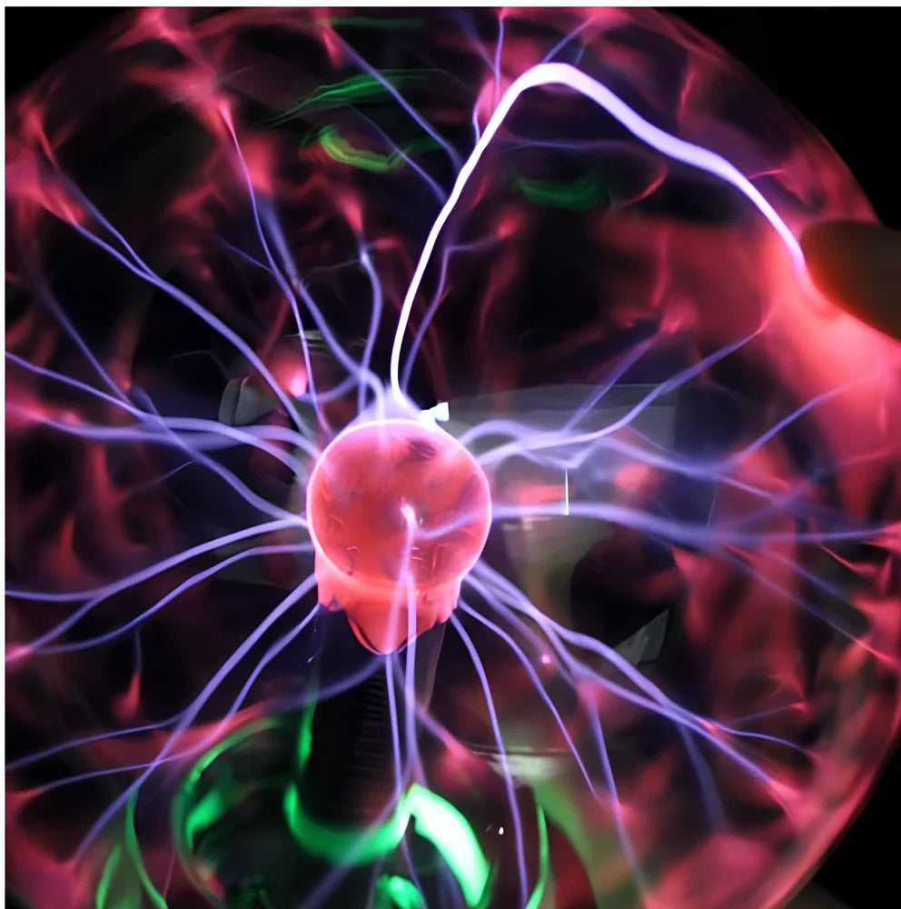 Plasma lightning ball with colourful electrostatic patterns inside 6-inch glass sphere responding to touch