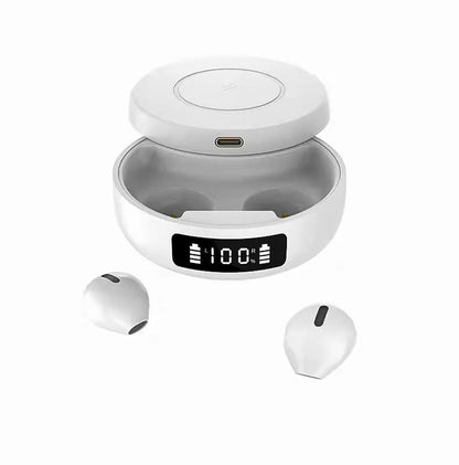 Mini small semi-in-ear wireless headphones with charging compartment, showing black and white colour options