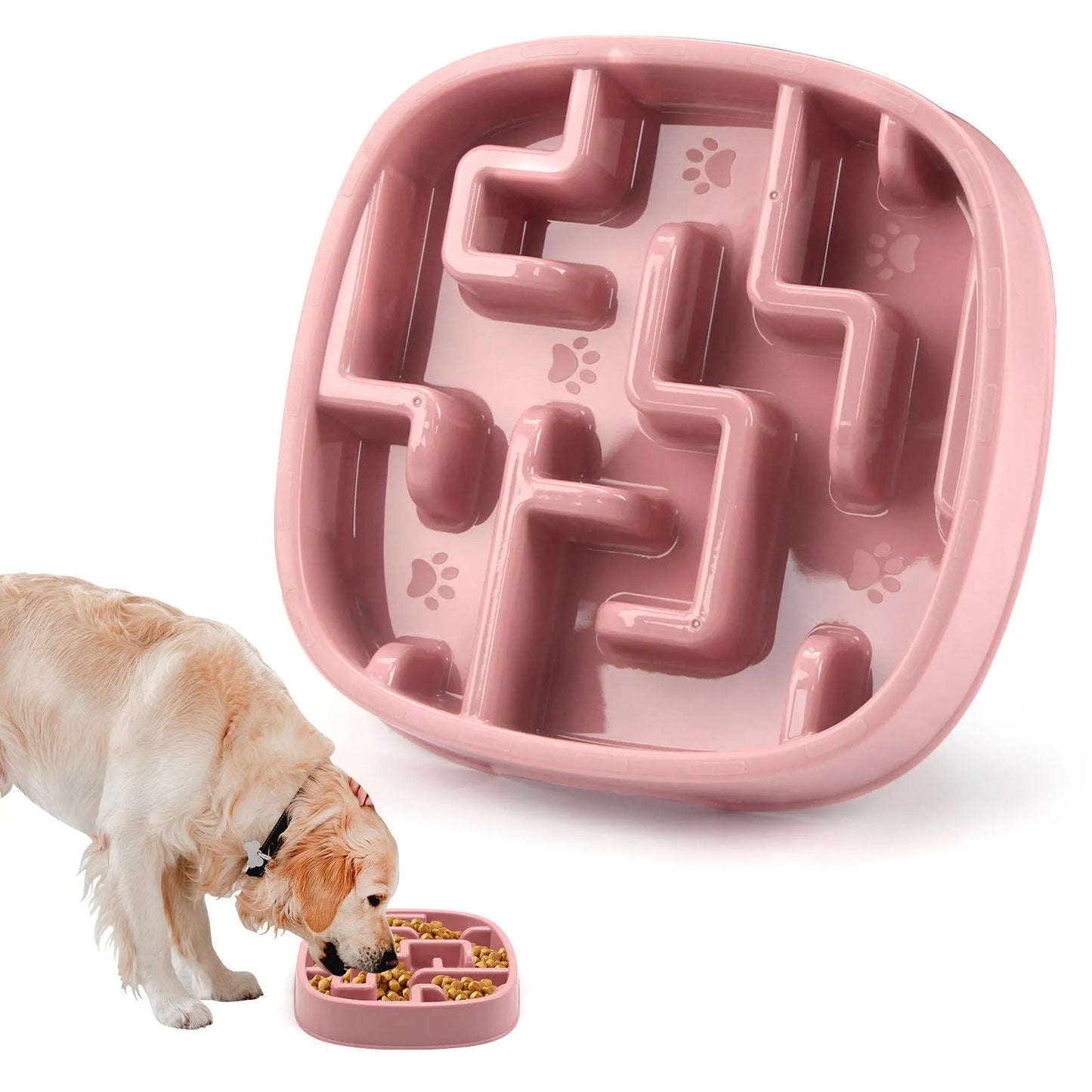 Macaron-coloured slow feed pet bowl with maze pattern and non-slip base for dogs and cats.