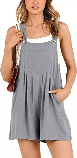 Women's short overalls in cotton linen with adjustable straps, available in multiple colors