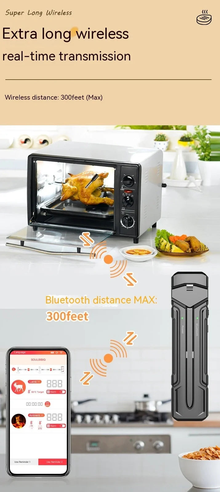 Black wireless kitchen thermometer with LCD display, two stainless steel probes, and magnetic backing for oven door attachment