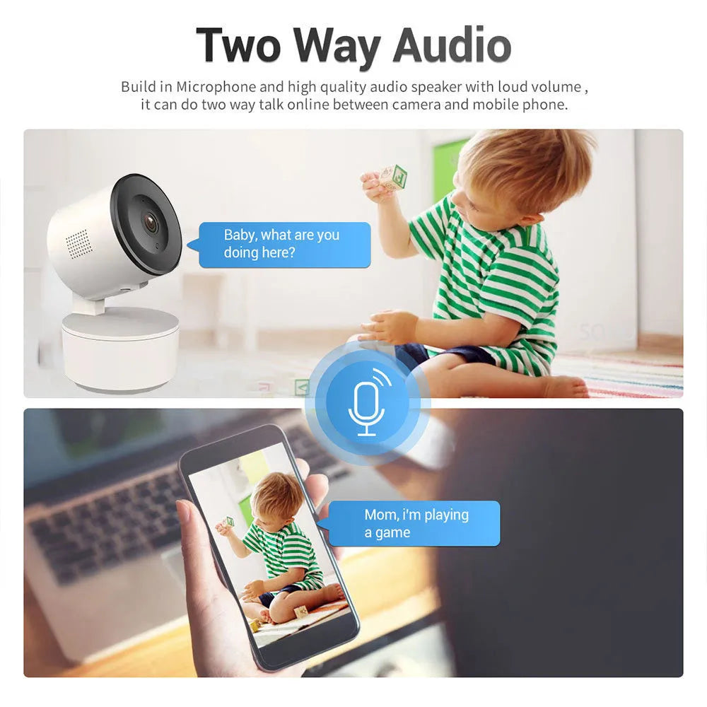 Indoor smart Wi-Fi security camera with 1080p HD, shown with a 355-degree auto-tracking range.