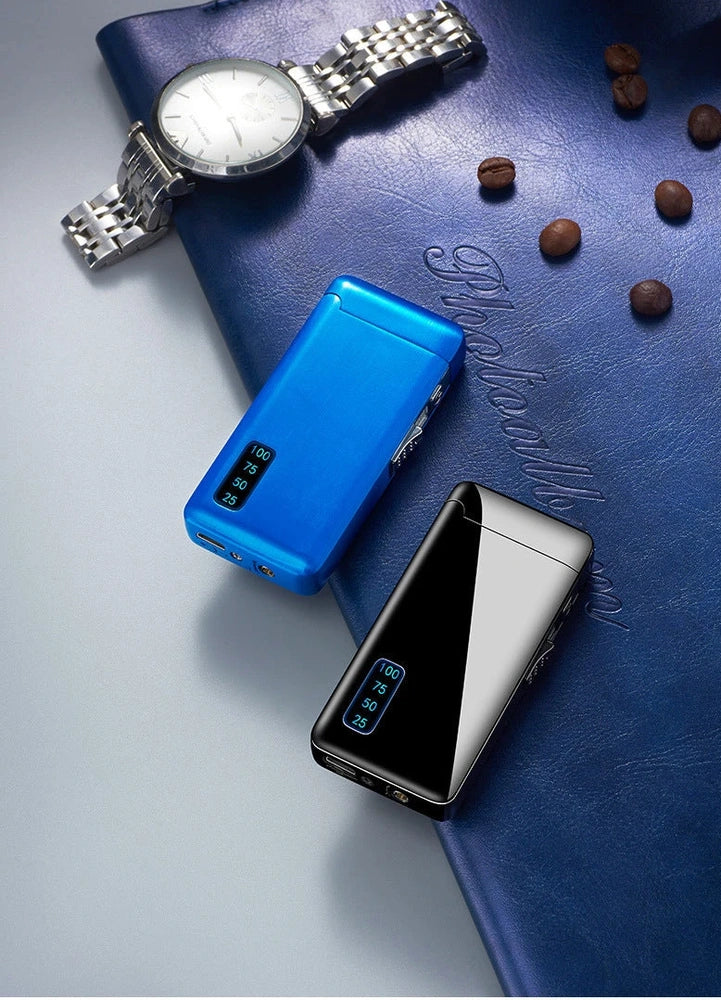 Metal windproof electric lighter showing compact 77.5mm design with USB charging port and flame adjustment