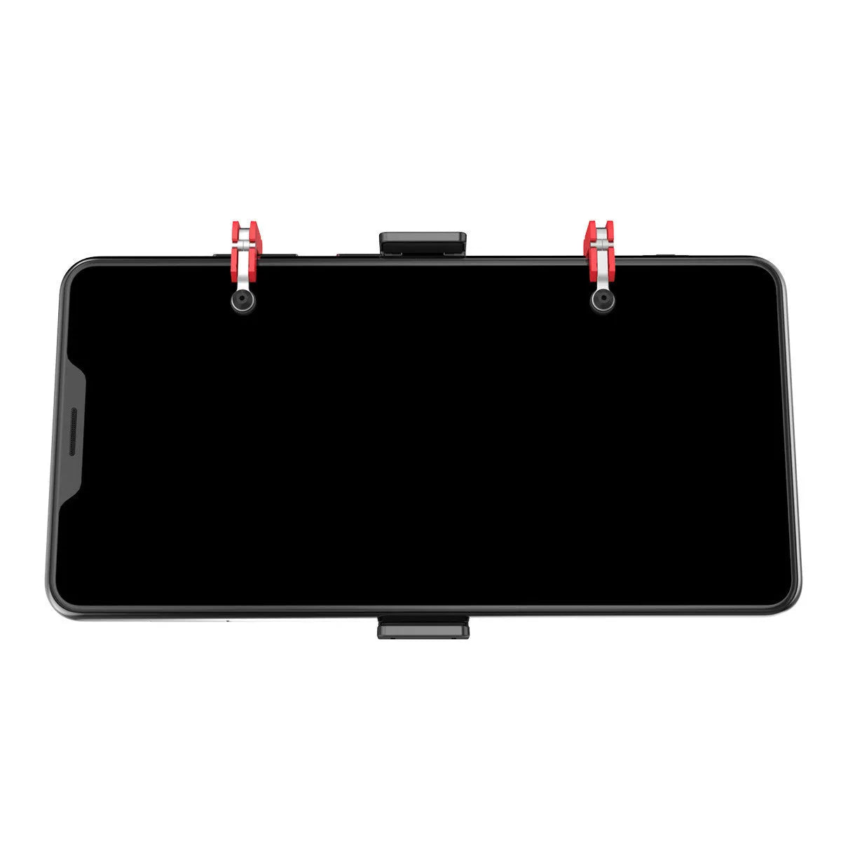 Black mobile gaming phone bracket with an adjustable trigger button and telescopic fixing clip extended.