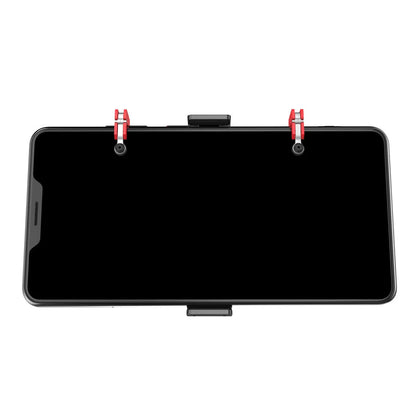 Black mobile gaming phone bracket with an adjustable trigger button and telescopic fixing clip extended.