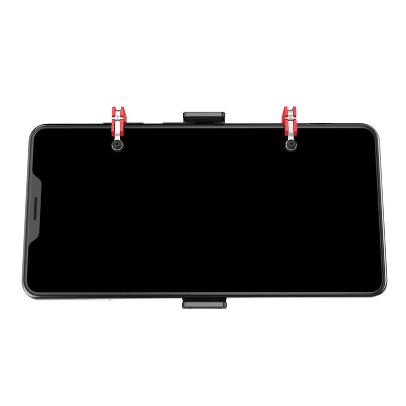 Mobile gaming phone bracket with trigger-style shooting button and telescopic fixing clip for 67-87mm wide phones, adjustable on-screen contact control, hidden metal trigger for quick response.