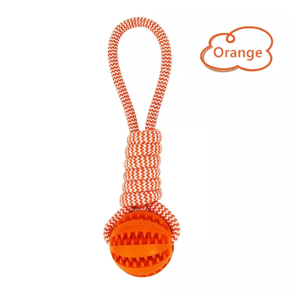 Interactive dog chew toy with rubber ball and cotton rope for dental health