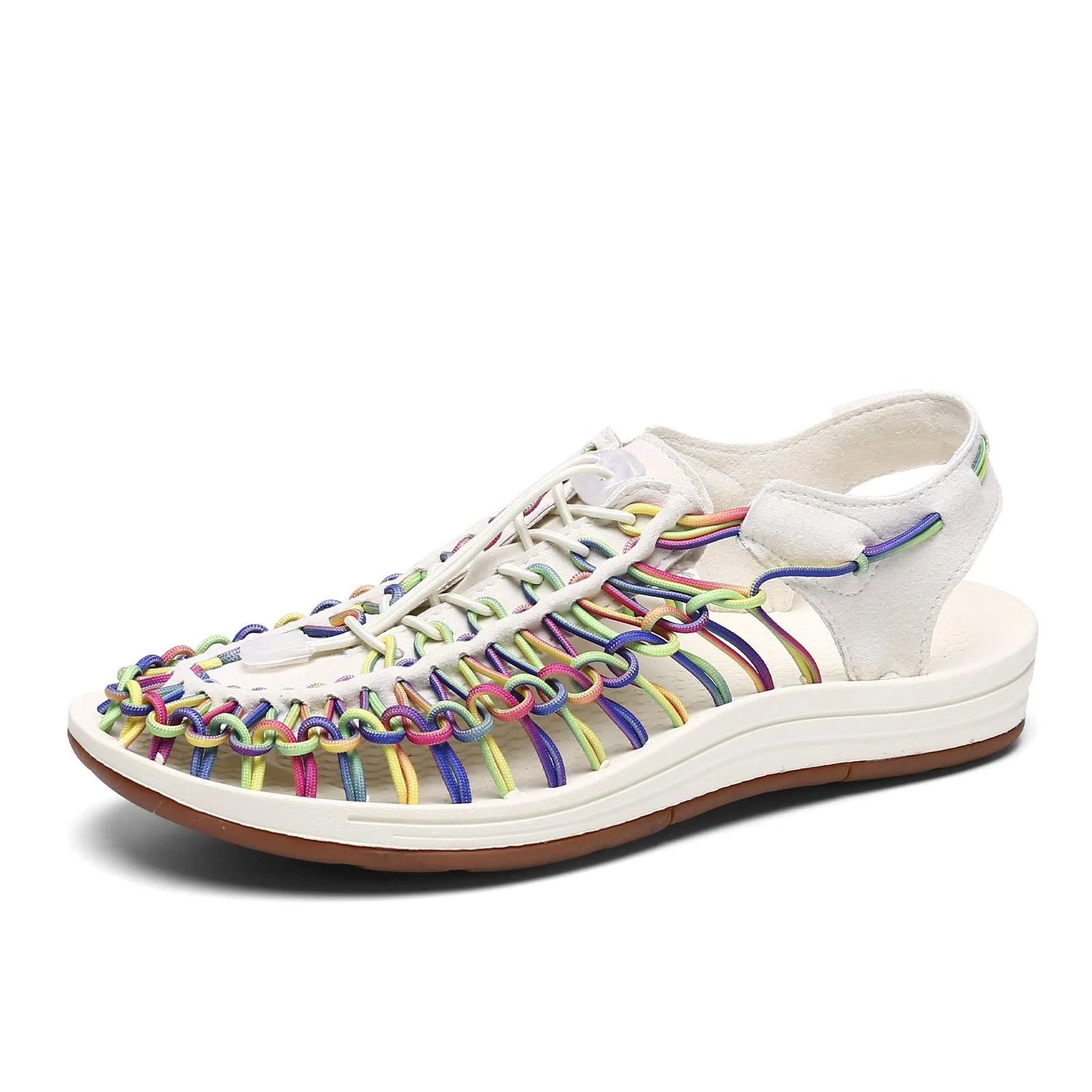 Fashion woven sandals with elastic drawstring tie closure and rubber sole in rainbow colour