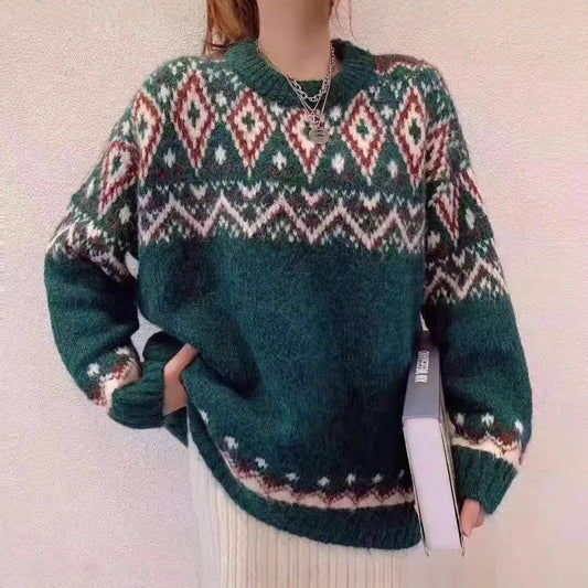 Striped long-sleeve pullover top in red or white, loose retro idle style, free size fit
