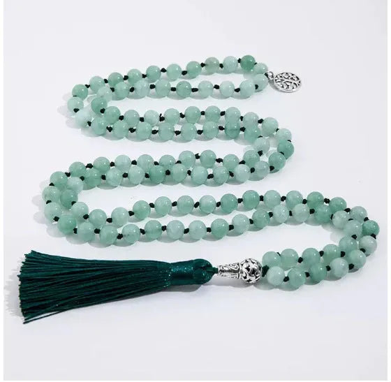 Handmade knotted beaded necklace with 108 natural stone beads in various colours.