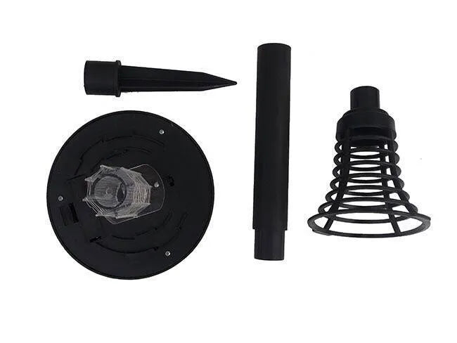 Black solar-powered outdoor insect killing lamp with white and purple LEDs for garden mosquito control.