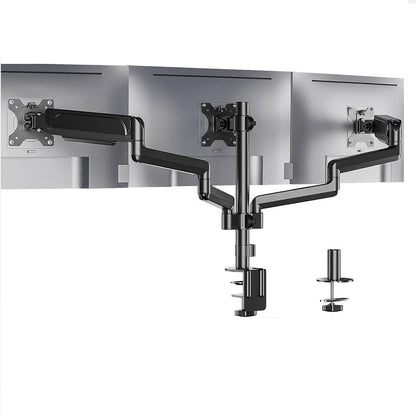 Black aluminium three-arm gas spring monitor holder mounted on a desk edge.