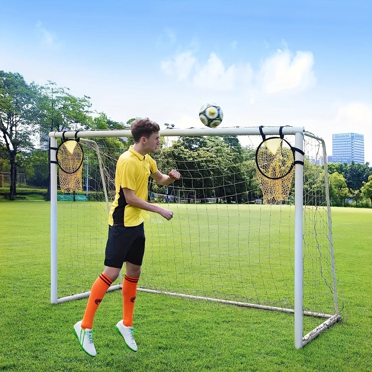 Portable foldable soccer training goal net in black or yellow colour for backyard football practice