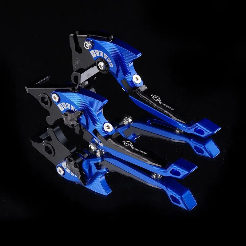 Motorcycle horn handle brake and clutch lever set in anodised metal with adjustable mechanism