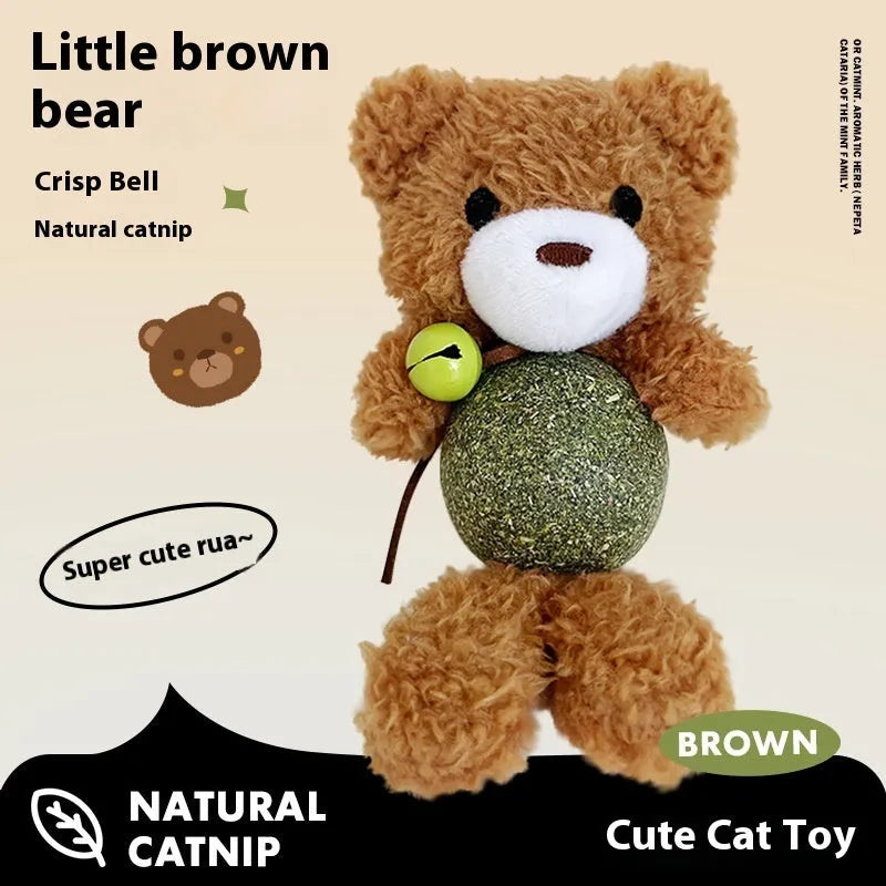 Brown bear plush cat toy with a white catnip ball, shown next to a green frog version.