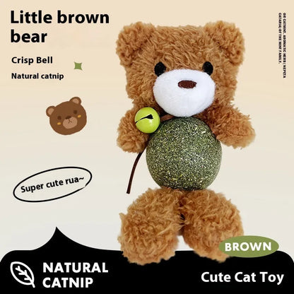 Brown bear plush cat toy with a white catnip ball, shown next to a green frog version.