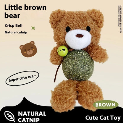 Brown bear catnip toy with 15cm height, 4cm mint ball, and visible bell inside plush material