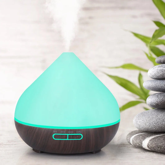 Crackle finish humidifier with wood grain pattern and single fog outlet