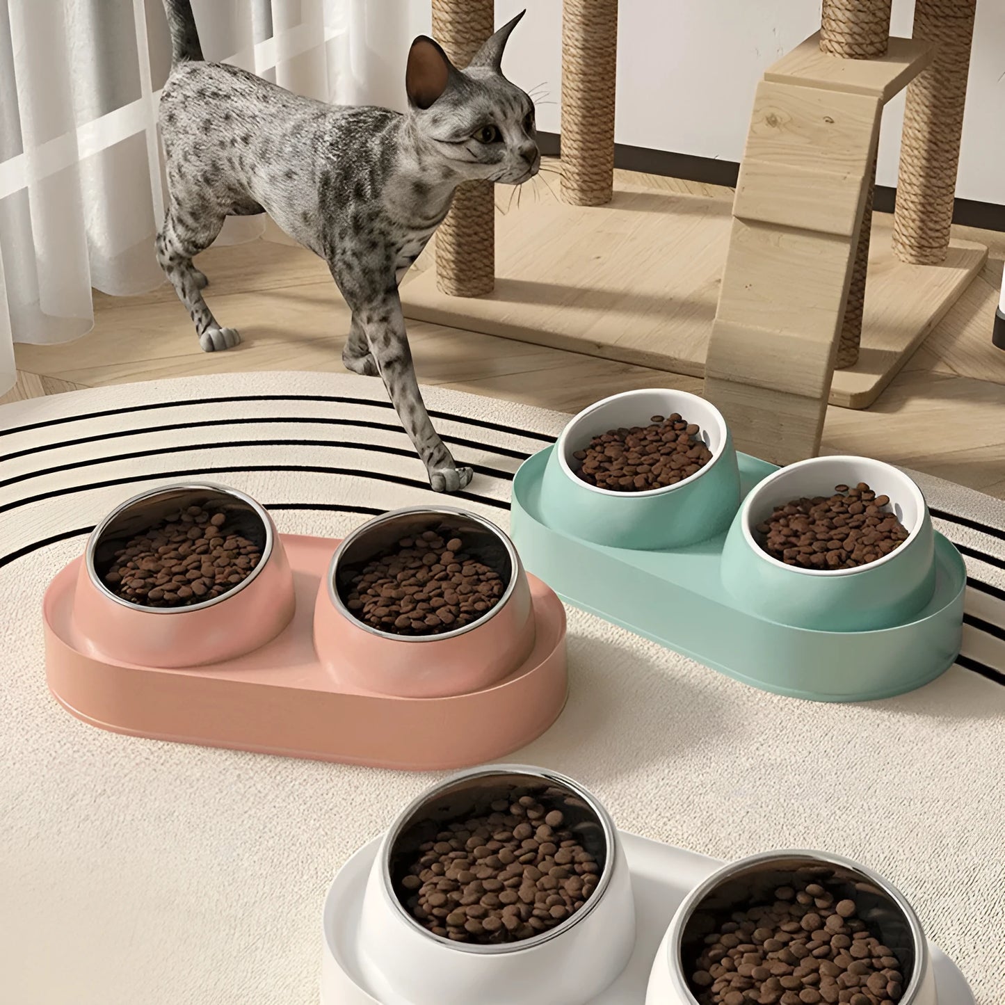 White elevated pet double bowl feeder with tilted food and water bowls on a non-slip stand.