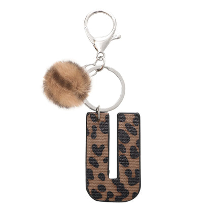 Leopard-print artificial leather keychain with oil-edged acrylic letter and included key ring, retro style
