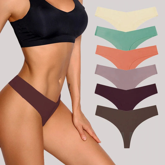 Low waist ice silk nude feel seamless purified cotton crotch T-back underwear set in assorted colors