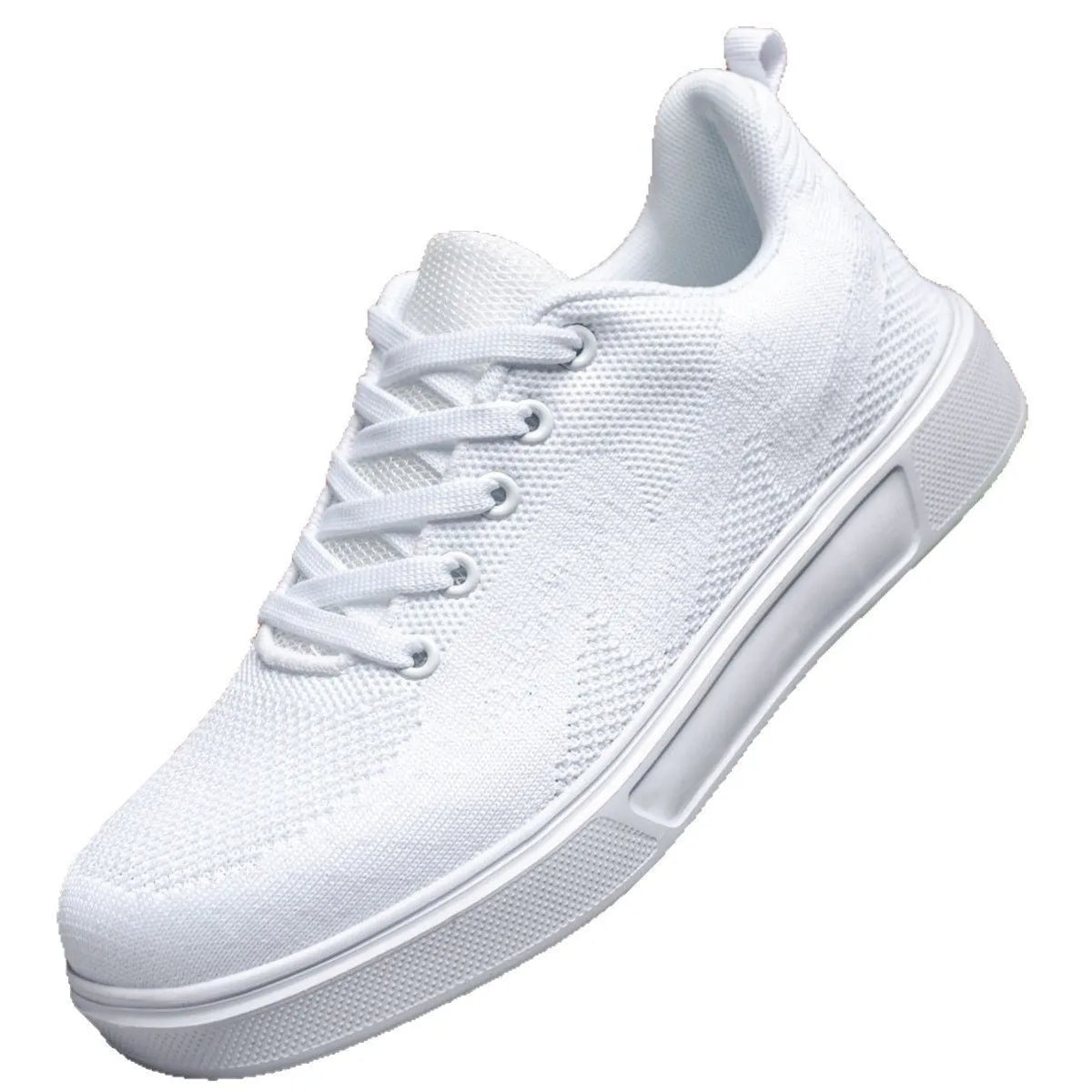 Pair of light white thick-soled casual sneakers with mesh upper and lace-up front.