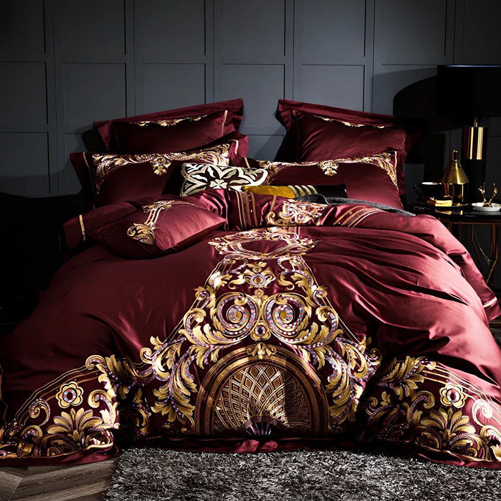 Four-piece embroidered cotton bed set in grey with 200x230cm duvet cover and reactive print details