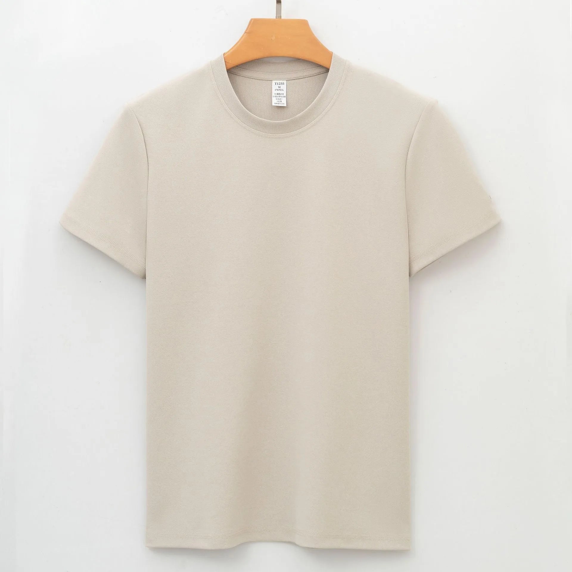 Men's solid colour antibacterial quick-dry short sleeve T-shirt on a hanger.