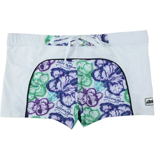 Men's nylon boxer shorts with floral and shark print designs showing deep purple, light purple, multicoloured options
