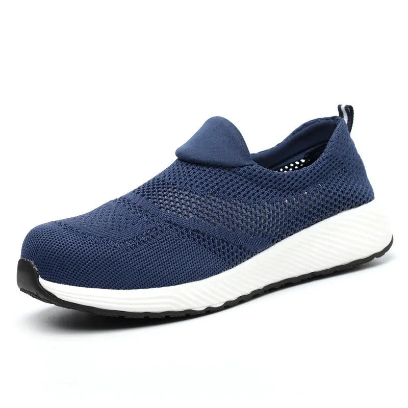 Men's lightweight steel toe work shoes with mesh upper in black blue red colours