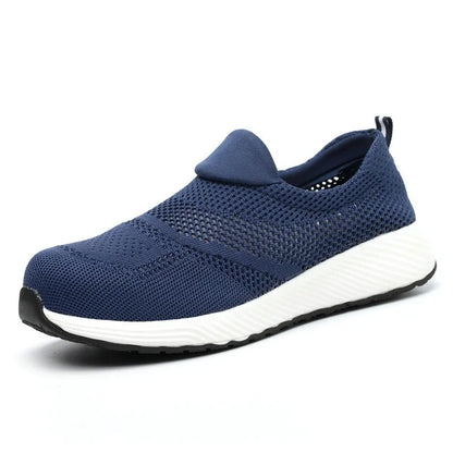 Men's lightweight steel toe work shoes with mesh upper in black blue red colours