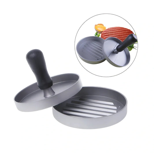 Aluminium burger press with handled plate creating 1cm thick patties on stable base