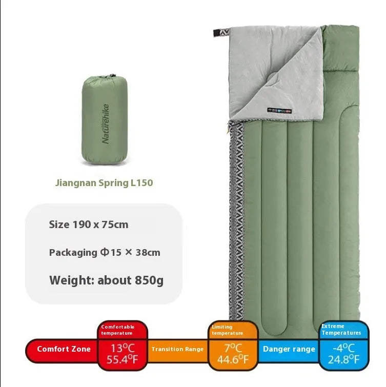 Four seasons camping sleeping bag with dirt-resistant fabric in Jiangnan Spring colour, showing 190x75cm dimensions and storage bag