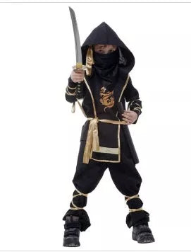 Halloween children's anime character costume set in black and gold, includes coat, pants, armor, mask, belt, headdress, and bindings