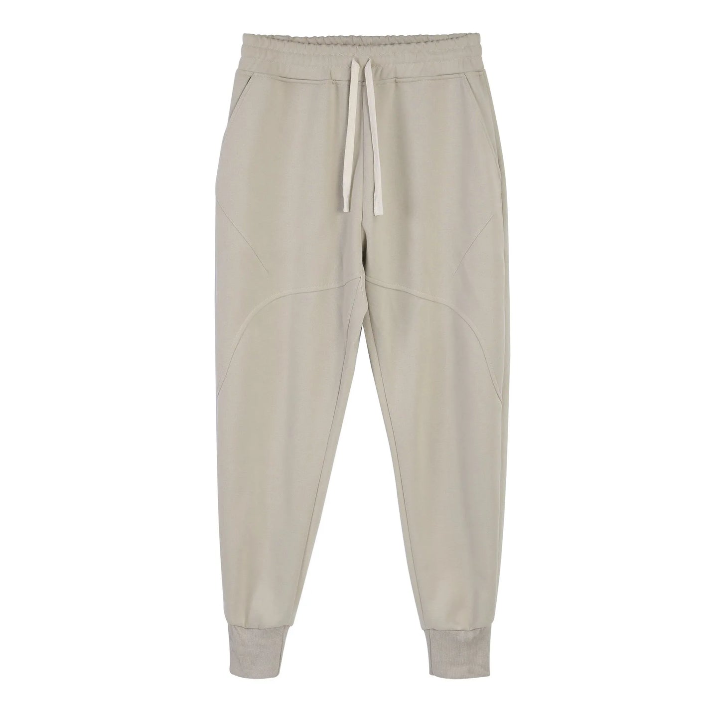 Men's casual trousers with drawstring ankle ties in polyester cotton fabric