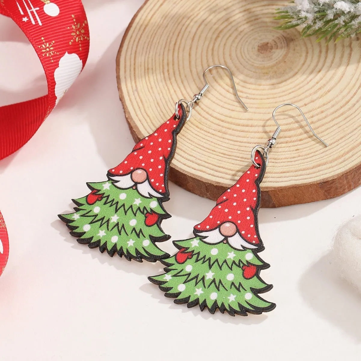Wooden Christmas earrings with Christmas tree and water drop snowman designs, 3.5cm height