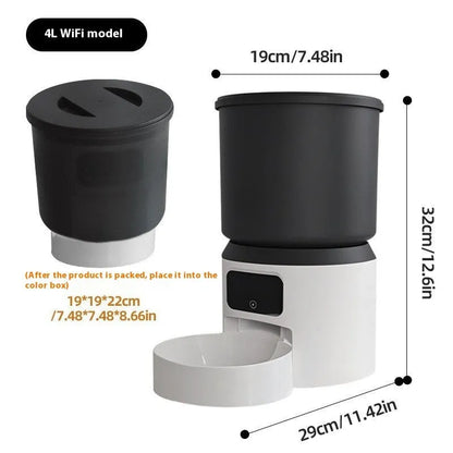4-litre smart pet feeder with remote control and optional camera on a table