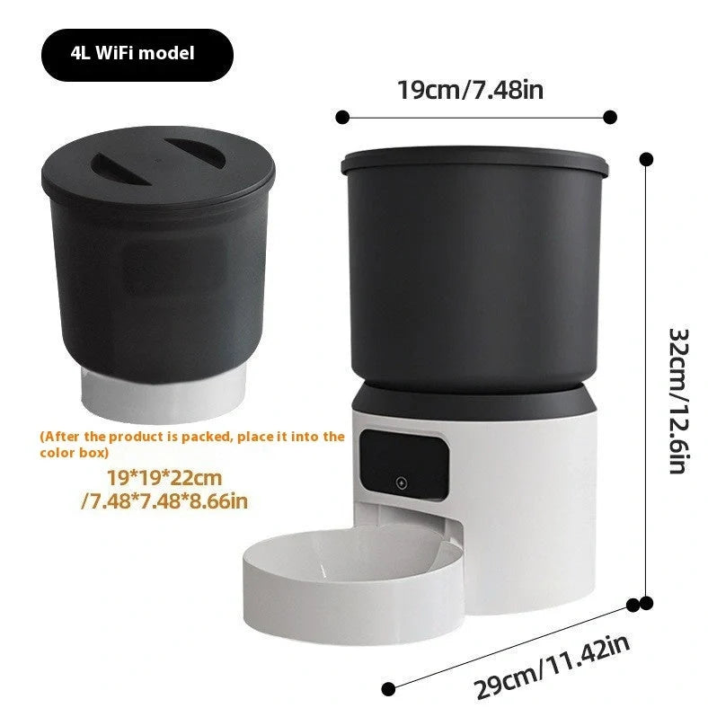 4-litre smart pet feeder with transparent food container and stainless steel bowl on wooden floor