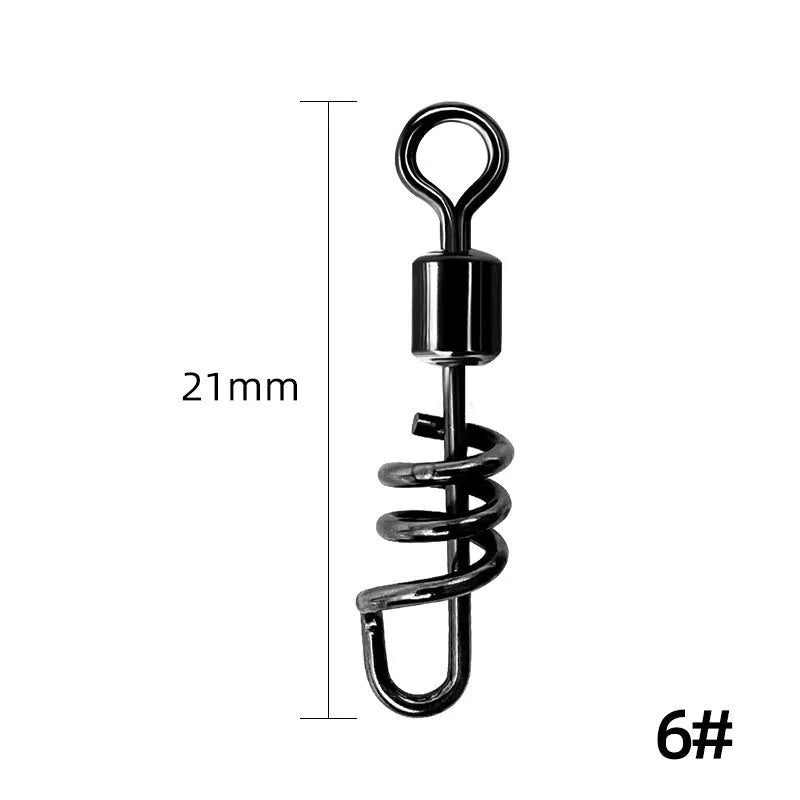 Close-up of a stainless steel 8-shaped fishing swivel connector on a dark background.