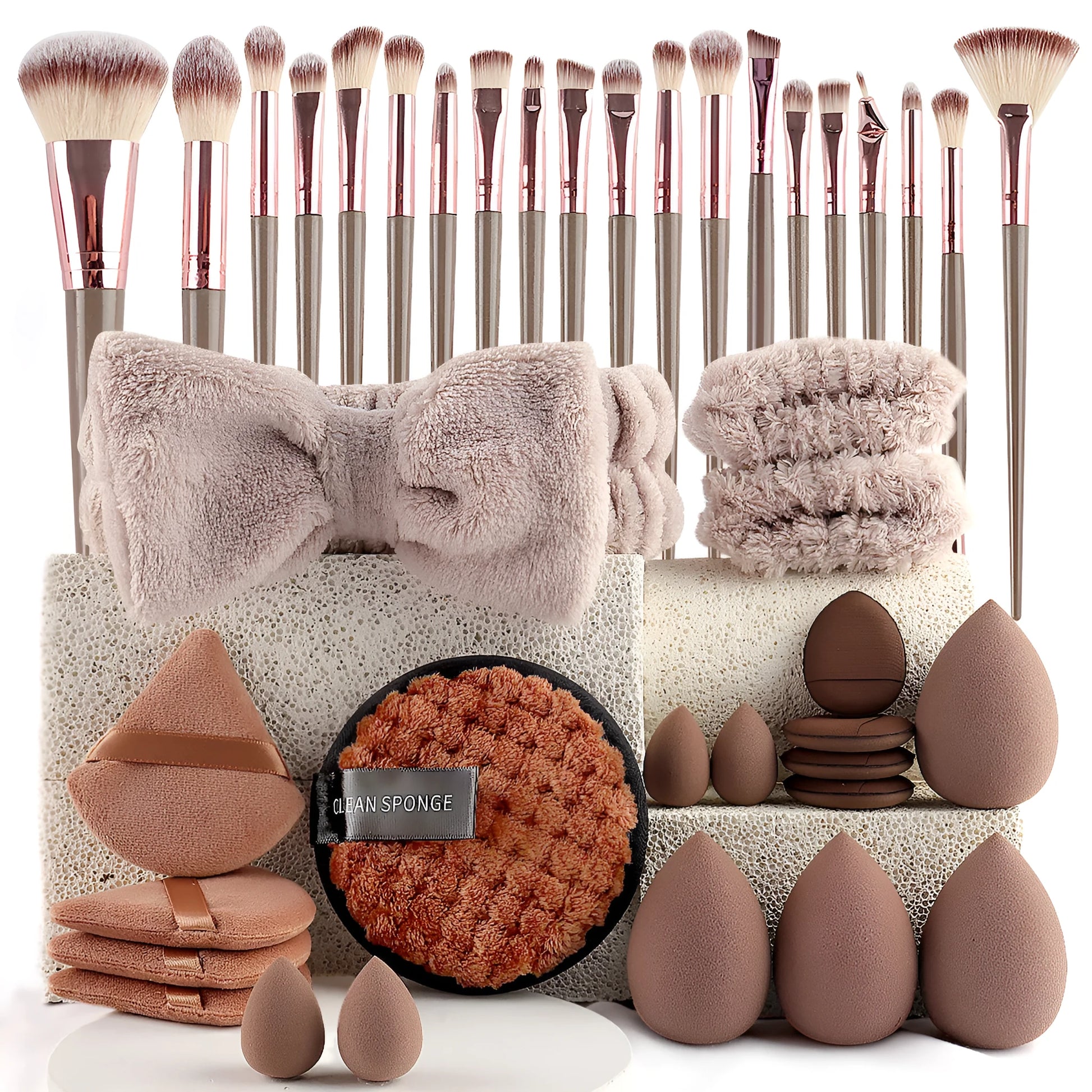 Hydrophilic non-latex beauty tools makeup brush set in pink, brown, or purple colour options