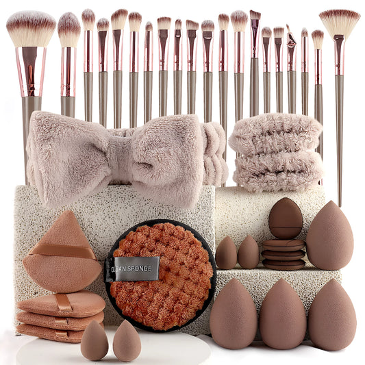 Hydrophilic non-latex beauty tools makeup brush set in pink, brown, or purple colour options
