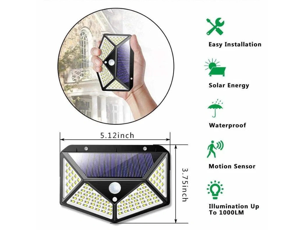 Solar-powered motion sensor wall lamp with 100 LED lights for outdoor courtyard illumination