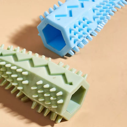 Hexagonal TPR chew toy for dogs in green, blue, or pink for teeth cleaning and anxiety relief