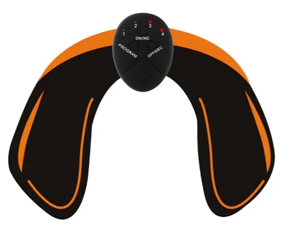 Compact EMS muscle stimulator unit with remote control and gel pads for abdominal and buttock toning.