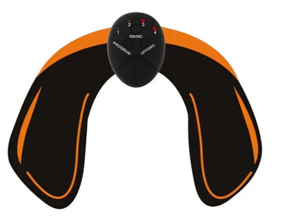 Compact EMS muscle stimulator unit with remote control and gel pads for abdominal and buttock toning.