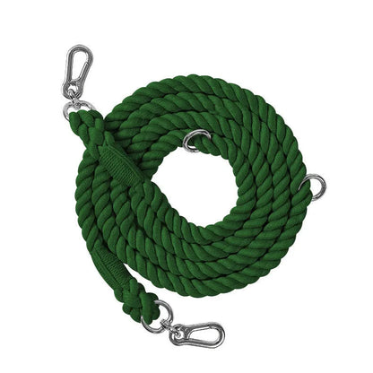 Woven rainbow pattern dog leash with double grip handles and a metal clasp.