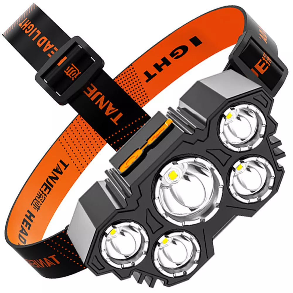 USB Rechargeable Five Head Fishing Lamp with adjustable brightness and waterproof design