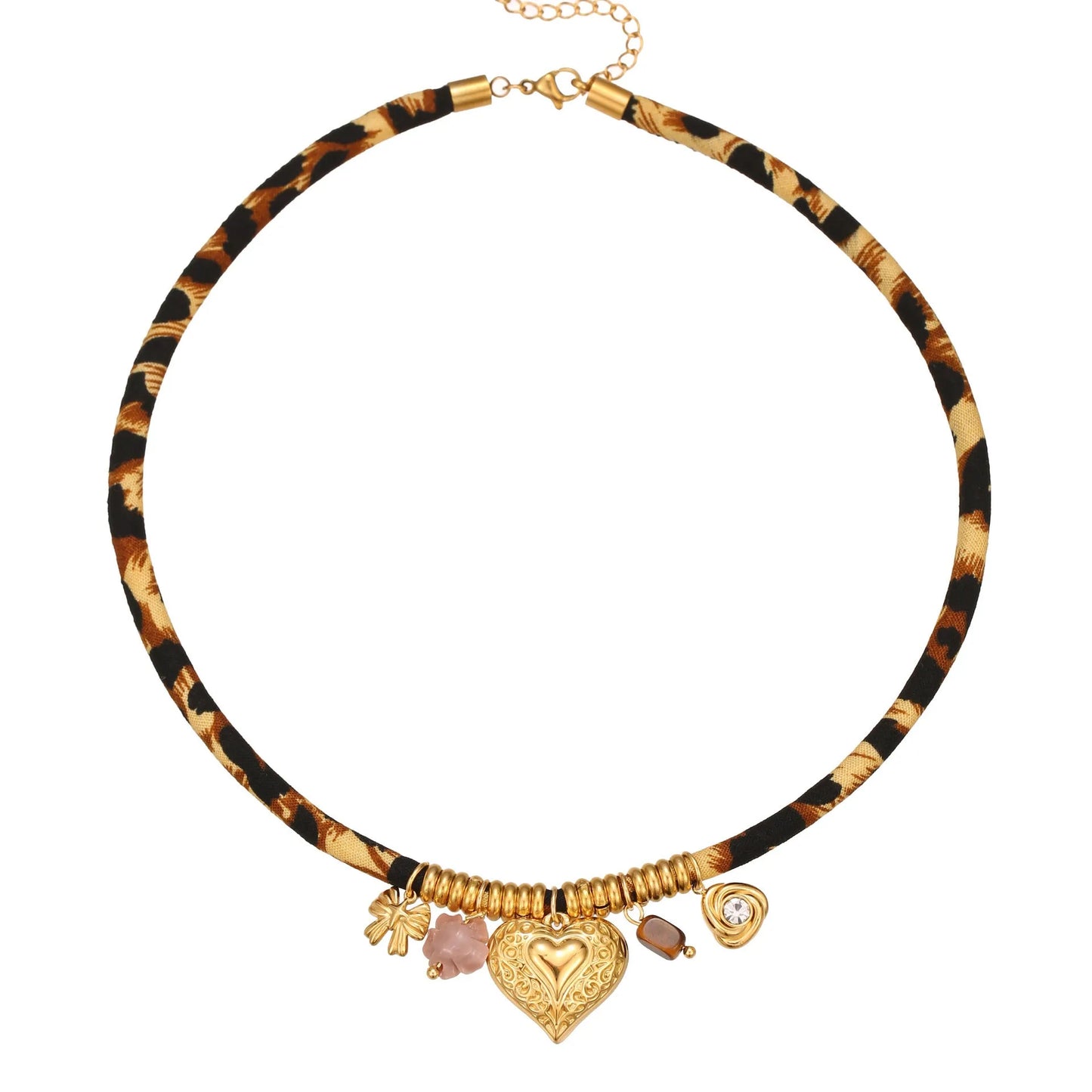 Women's stainless steel necklace with geometric leopard pendant and gold electroplated chain